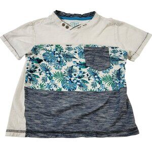 Steel & Concrete Tee-Shirt, Boys 6, White, Blue and Gray Tropical, Pocket, EUC